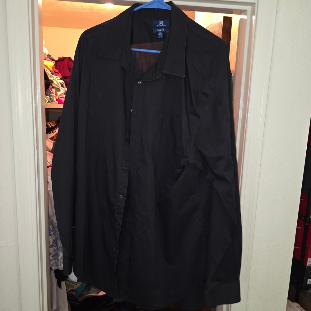 George Black Dress Shirt Men's 2XL 50-52 Slim Fit Long Sleeve Button Down
